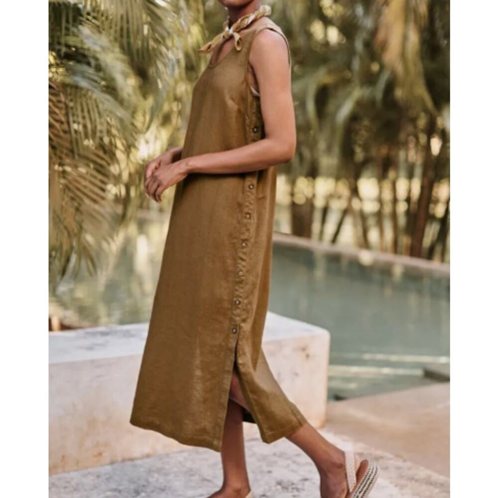 Garnet Hill Olive-Brown Button-Side Linen Shift Dress